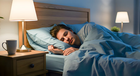 Find man sleeping in comfort bed under night lamp, creating bedroom scene of peaceful rest. Asleep under cozy blanket in serene dark room at nighttime brings calm. Experience sleepy and comfortable with nightwear. Capture man sleeping comfort bed night lamp bedroom peaceful rest asleep.の素材