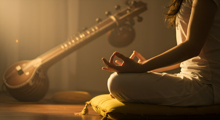 Meditative stillness is captured in indoor yoga setting.  It evokes serenity, tranquility, mindfulness and spiritual practice for wellbeing and relaxation. Find peaceful zen in lotus position, achieving calm mind and harmony through reflection inside home interior.の素材