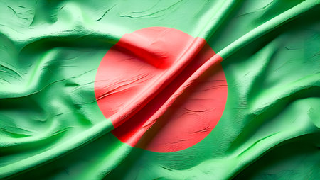 Abstract fabric texture of the Bangladesh flag showing its national symbol. A patriotic representation of the Asian country. Independence Day celebration highlighted through green and red colors. Banner graphic backdrop featuring the flag. National pride and identity.の素材