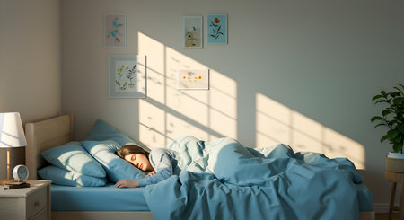 Woman sleeping peacefully in her bed cozy bedroom interior bathed in sunlight rays creating a calm and relaxing atmosphere Modern minimalist room design with light wood furniture and soft blue bedding evoke serene sleep time Woman's comfortable position with head resting on pillow indicates sound sleep Home decor includes framed botanical prints enhancing tranquil room ambienceの素材