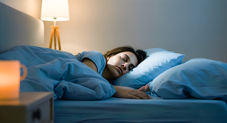 Woman sleeping peacefully in her bed at night creating restful sleep scene Soft lighting illuminates dark room enhancing cozy atmosphere Comfortable bedding promotes relaxed sleeping pose Peaceful bedroom interior ensures sound sleep Woman's calm expression suggests tranquility and deep rest Sleepwear blends seamlessly with serene environment for ultimate comfortの素材