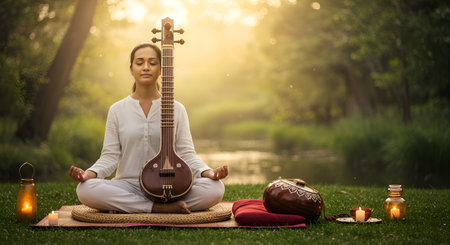 Serene scene of a woman meditating with a tanpura in nature for relaxation and spiritual practice. Harmony and balance in lifestyle captured through wellness and tranquility. Meditation for inner peace and mindfulness promotes Zen and positive thinking. Natural backdrop with calm meditation scene. Focus on health and well-being through mindfulness and balanced life.の素材