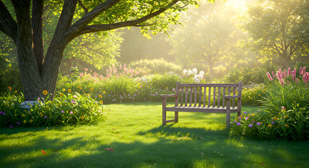 Sunlit garden bench amidst tranquil lawn surrounded by trees and flowers creates peaceful scene. Garden design emphasizes relaxation spot with outdoor seating in park setting. Enjoy summer landscape and beautiful nature. Discover sunlit garden bench tranquil lawn flowers greenery summer landscape relaxation spot.の素材
