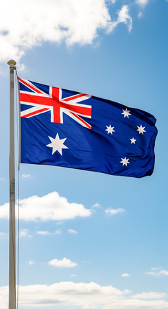 Australian National Flag against a partially cloudy blue sky symbol of Australia white stars Union Jack on a metal pole governmental identity waving flag blowing in wind in daytime represents national pride and identity. Flag features Union Jack and stars symbolic representation country's history and values.の素材