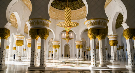 Sheikh Zayed Grand Mosque interior view showcasing exquisite architecture ornate columns golden details grandeur. This image captures Islamic art and culture through intricate design and spacious interiors in Abu Dhabi United Arab Emirates. It features the beautiful architecture.の素材
