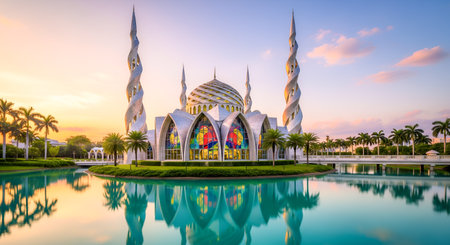 Serene islamic center presents modern mosque with twisted minarets reflecting on calm waters at sunset with palm trees. Beautiful location of islamic architecture, peaceful scene, serene atmosphere, calm water. Minarets rising high, reflecting sunset colors and silhouette of mosque.の素材