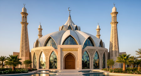 Architectural splendor of islamic architecture with intricate details, showcasing minarets with reflective pool. Classic style building surrounded by serene and calm landscape, clear blue sky, trees, garden, and flowers. Exquisite arabesque details with calm and reflection of water.の素材