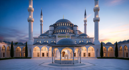 Kocatepe Mosque Ankara Turkey at evening showcases grand Islamic architecture minarets domes. This image captures traditional Ottoman design. Religious landmark offering spiritual reflection historical significance within Turkish culture.の素材