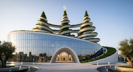 Modern mosque showcases architecture with green roof and spiral minarets, with building design blending into landscape. Contemporary Islamic religious structure presents unique building concept. Serene environment with minimalist design features for external religious buildings.の素材