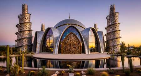 Captivating architectural design showcasing modern mosque at sunset reflecting in serene water feature in desert landscape. Minarets rising beautifully with reflection of unique architectural design in calm pool. Desert architecture with modern influence with combination of desert plants. Beautiful minarets with islamic design.の素材