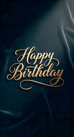 Celebrate birthday with this luxurious image. Golden script that spells out Happy Birthday is displayed on a dark silk fabric. This captures elegance of celebration, sending festive birthday greetings with a touch of sophistication and style. Great for birthday cards, social media posts, banners, and promotional designs.の素材