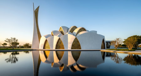 Sheikh Zayed Grand Mosque presents exterior beauty with serene waterscape. Reflecting Islamic architectural splendor under a clear blue sky, captivating exterior view showcases grandeur. Architectural design and tranquil setting converge in this stunning image.の素材