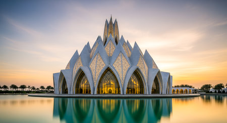 Al Noor Mosque showcases Islamic architecture reflecting on water at sunset. Modern mosque design in Sharjah, UAE. Arabian Gulf landmark for religious tourism. Exterior view of architectural marvel in United Arab Emirates. Unique landmark and popular destinations in Middle East.の素材