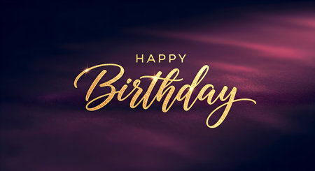 Celebrate birthday with radiant and exquisite design. Golden script spells Happy Birthday shines against deep violet backdrop. This is perfect for celebration, warm birthday wishes, and artistic flair. It adds touch of sophistication to birthday cards, social media posts, banners, and promotional materials. A great visual for birthday greetings.の素材