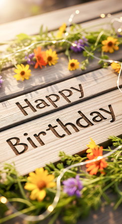 Warm greetings for someone's special day. Rustic happy birthday wooden message board accentuated by vibrant floral arrangement with string lights on wooden background. Perfect for birthday cards, invitations or social media posts to celebrate happy occasions and send birthday wishesの素材