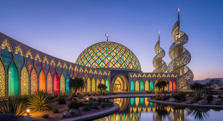 Contemporary mosque features colorful stained glass dome and minarets, blending Islamic architecture with modern desert oasis. Middle Eastern religious building design incorporates crescent symbol reflecting in water. Architectural marvel combines contemporary and traditional design elements, reflecting beauty of religion.の素材