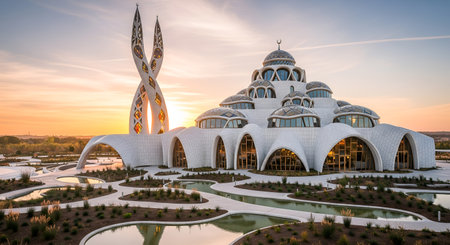 Modern mosque boasting an innovative design with interlocking arches and a collection of domes topped by a unique towering minaret. Bathed in the warm glow of the sunset, architecture blends traditional Islamic elements with creative flair. Captivating image depicting innovative mosque architecture with domed religious center with a modern and unconventional design bathed in evening light. Intricate structure showing archway and Islamic cultural landmark.の素材