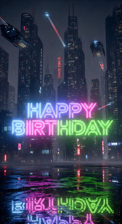 Rainy cyberpunk city birthday celebration glowing neon signs, reflecting on wet street creating dazzling visual. Skyscrapers, flying vehicles complement futuristic night scene. Celebrate milestone within artificial city, enhanced vibrant neon illumination, reflections. Contemporary urban backdrop digital fantasy.の素材