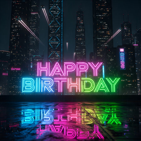 Glowing Neon Happy Birthday message adorns cyberpunk cityscape, vibrant neon lights reflecting on wet pavement. Futuristic urban background features skyscrapers, flying vehicles creating digital atmosphere. Celebrate special day futuristic way, vibrant neon reflections enhancing cyberpunk cityscape aesthetics. Urban fantasy cityscape.の素材