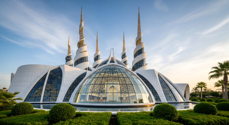 Striking mosque showcases a futuristic design, complete with spiraling minarets and a stunning glass dome. The exterior features intricate Arabic calligraphy, blending modern architecture with traditional Islamic art. An image displaying the beautiful architectural marvel of Islamic religion reflecting design and creativity in its modern building with a spiritual atmosphere. Dome architectural facade with Islamic inscription and religious symbolism.の素材