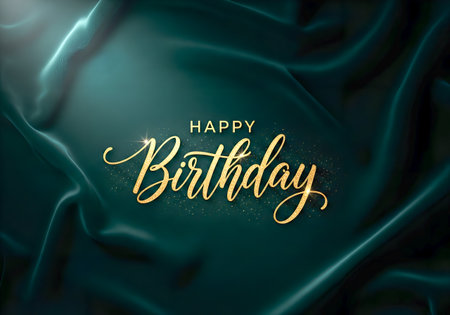 Bring celebration to life with this sparkling image! Golden script spells Happy Birthday is displayed on green silk fabric. This is perfect for festive celebration, stylish birthday greetings, and elegant design. Great for birthday cards, social media posts, banners, and promotional materials. A visual representation for birthdays.の素材