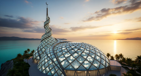 Glass dome mosque design blends modern Islamic architecture by the seaside. Minaret structure complements turquoise water scenery on Arabian Gulf coast. Futuristic landmark represents religious building exterior in Middle Eastern style. Unique architectural concept showcasing dome design with exterior glass.の素材
