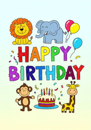 Happy Birthday cartoon illustration featuring animals like a lion, elephant, monkey, and giraffe, alongside colorful balloons and a celebratory cake with candles. 'Happy Birthday' typography. White gradient background. Great for a children's birthday card design.の素材