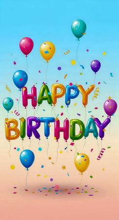Vibrant happy birthday celebration featuring cheerful balloons shaped into letter designs and confetti. Colorful and joyful scene of party backdrop shows off birthday wishes. Gradient sky background adds to festive scene.の素材