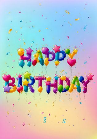 Joyful birthday illustration featuring colorful balloon lettering, star accents, and confetti against gradient sky. Festive illustration perfect for greeting card or design. Celebration with vibrant colors and fun party elements.の素材