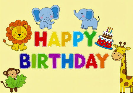 Happy Birthday illustration showcasing cartoon animals including a lion, elephant, giraffe, and monkey. Cake with candles, colorful 'Happy Birthday' typography, and a simple yellow background. This playful design is ideal for a children's birthday greeting card.の素材