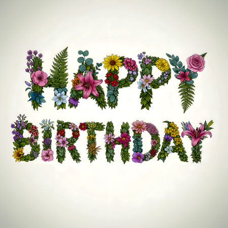 Happy birthday wish artwork created with colorful blossoms and greenery conveys a warm celebration message. This botanical design serves as unique greeting card option, or botanical art piece that celebrates special occasions with floral elegance, and natural beauty in a floral letter arrangement. Whimsical floral lettering captures birthday joy.の素材
