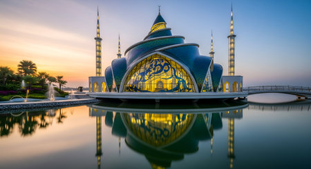 Masjid Tengku Tengah Zaharah known as Floating Mosque displays architectural splendor. Reflective waterscape enhances coastal beauty surrounding this majestic Islamic structure. The view at sunrise adds to visual appeal, capturing architectural marvel and tranquility.の素材