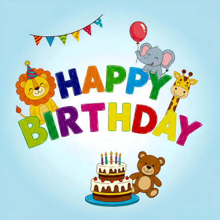 Happy Birthday celebration featuring adorable cartoon animals like a lion, elephant, giraffe, and bear. Two-tiered cake with candles, bright lettering of 'Happy Birthday', festive bunting and a balloon. Gradient blue background. This whimsical card design is perfect for a children's birthday greeting.の素材