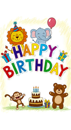 Joyful Happy Birthday design with cartoon animal illustrations including lion, elephant, monkey, and bear. Presents with ribbons, a tiered cake with lit candles, and a colorful 'Happy Birthday' typography. White background. Perfect for a birthday celebration card or poster for children's events.の素材