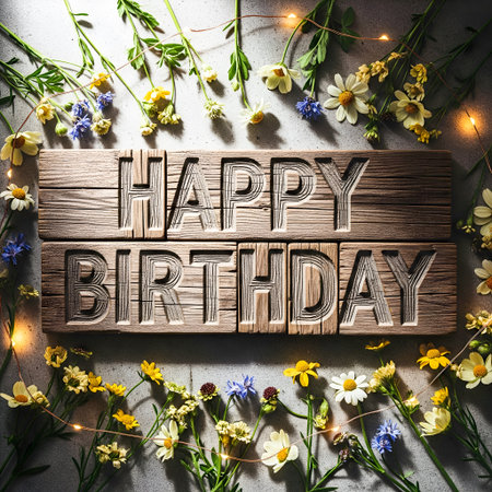 Send natural birthday greetings with this rustic image! Happy Birthday message displayed on wood surrounded by wildflowers. This image is perfect for country birthday celebration and sending floral wishes. Ideal for birthday cards, social media posts, banners, and designs. It captures charm and beauty of nature for birthday.の素材