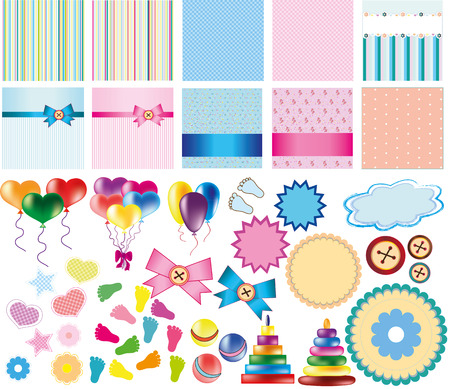Set of backgrounds and items for creating customized baby shower cardのイラスト素材