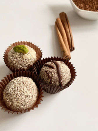 Handmade chocolate candies with cinammon on white background