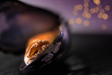 the photo open mussel on a slate board with bokehの写真素材