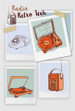 vector hand drawn Doodle Vintage media gadgets  set of equipment vintage electronic devices sketch  objects.vector illustrationのイラスト素材