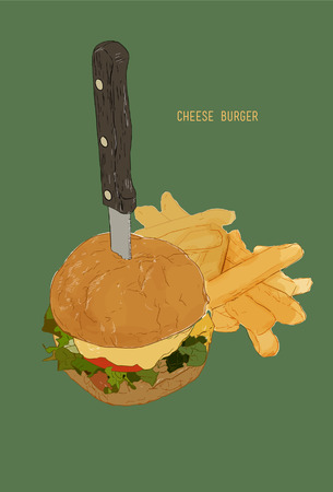 Hamburger with french fries. Vector cheese burger illustrationのイラスト素材