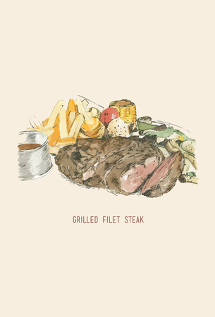 Grilled beef steak .Watercolor hand drawn. Vector illustration.のイラスト素材