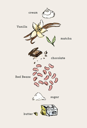 set of hand drawn cooking doodles , ingredients raw food . color water vector.のイラスト素材