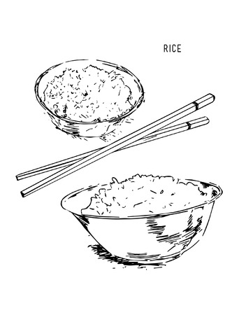 Illustration of boiled white rice in dish . Vector design for asian restaurant menu, cafe, thai, japanese cuisine.のイラスト素材
