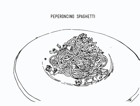peperoncino spaghetti , Hand drawn vector illustration of spaghetti with spicy arrabbiata sauce on a plate.のイラスト素材