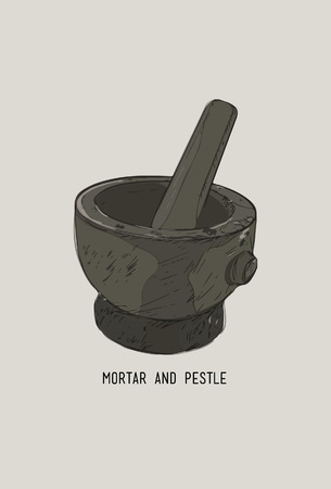 Mortar and pestle in a wreath of spices and herbs, hand-drawn vector illustrationのイラスト素材
