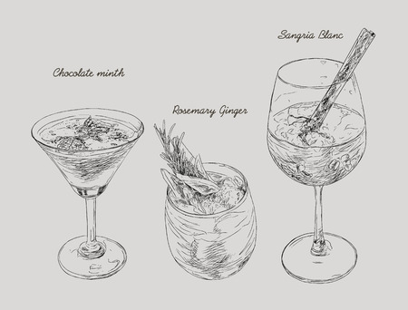 Cocktails - set of hand-drawn drinks, chocolate mint , Ginger rosemarry, Sangria Blanc.のイラスト素材