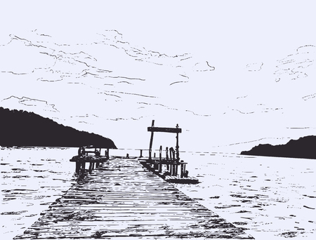 Wonderful seaveiw. Pier sketch. Wooden port , sea , mountain , Island ,scene, Landscape .のイラスト素材