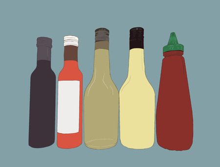 Bottles of sauce, balsamic , hot sauce , vinegar, olive oil and ketchup ,sketch vector.のイラスト素材