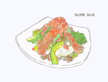 Salmon salad , fresh vegetable , avocado ,smoke salmon and egg. hand drawn water color sketch vector.のイラスト素材
