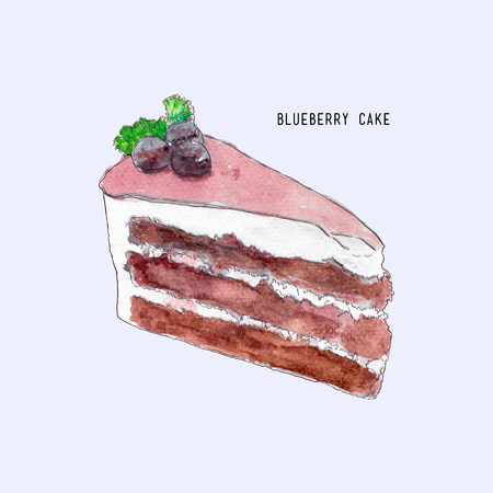 Blueberry layer cake, hand drawn sketch water color line art vector.のイラスト素材